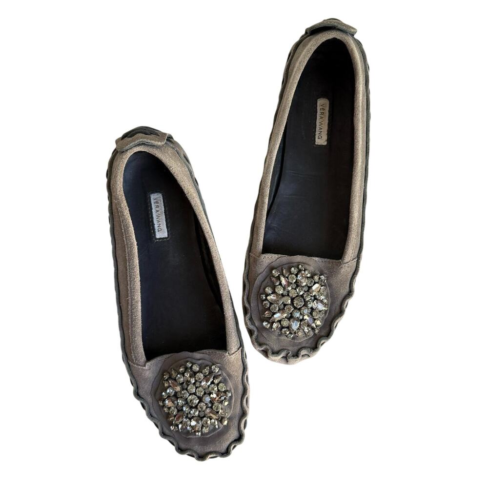 Vera Wang Crystal Embellished Moccasin Flats Women’s 7.5 Gray Suede